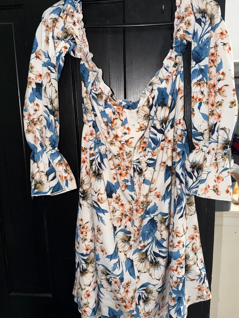 SHEIN Blue & Cream Floral Ruffle Mini Dress